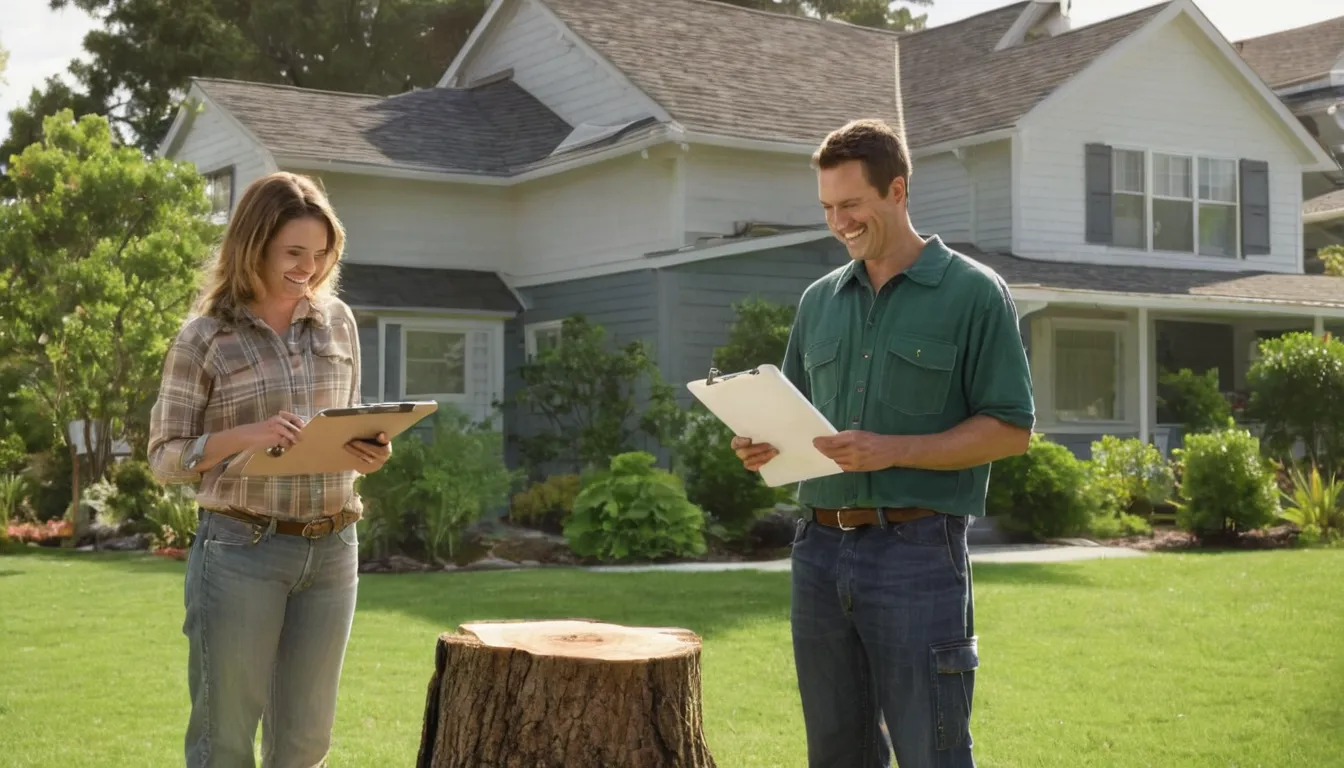 A homeowner reviewing a written tree removal quote with a local provider