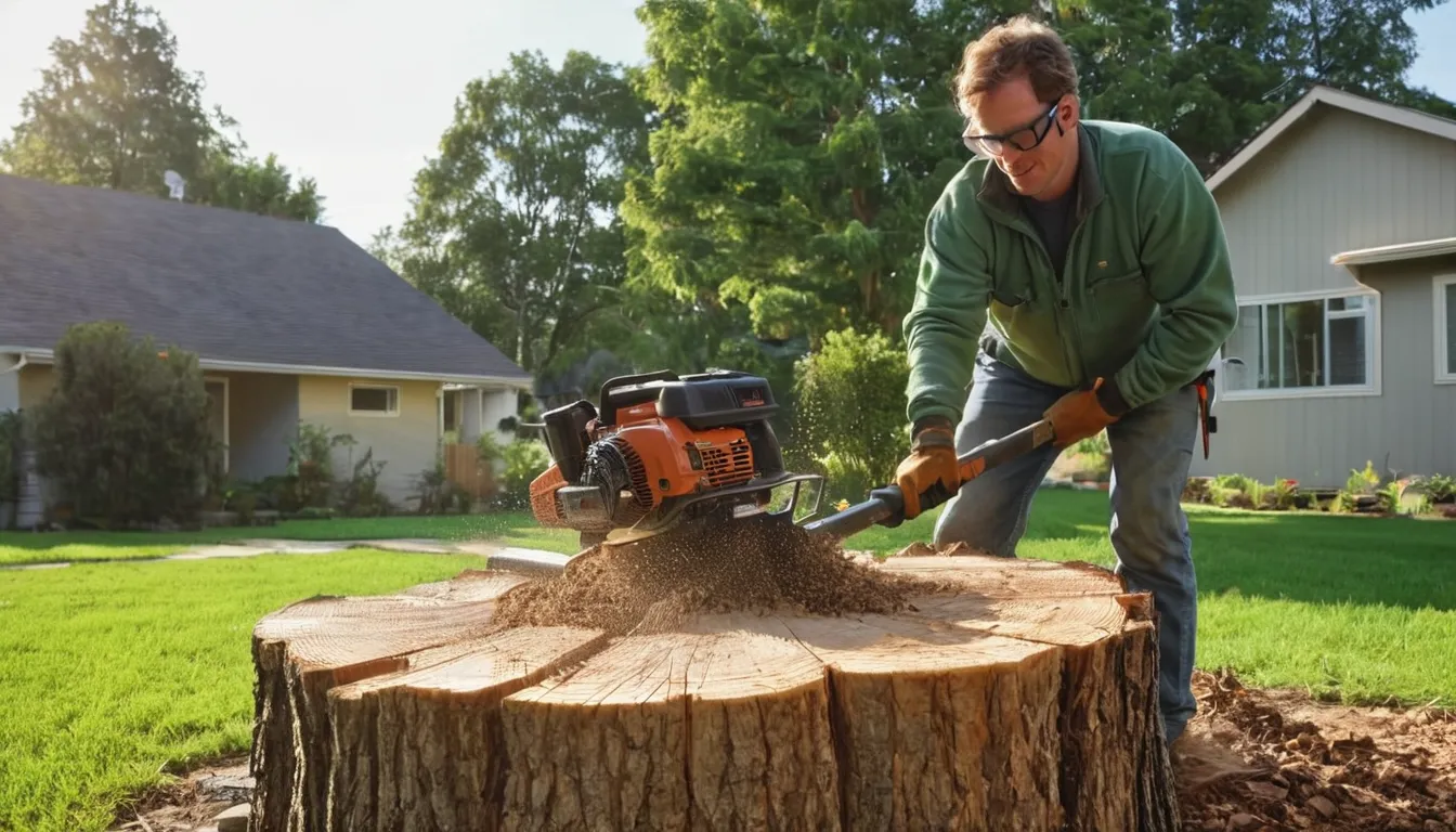 Provider grinding a tree stump in a Davie backyard near a concrete block home