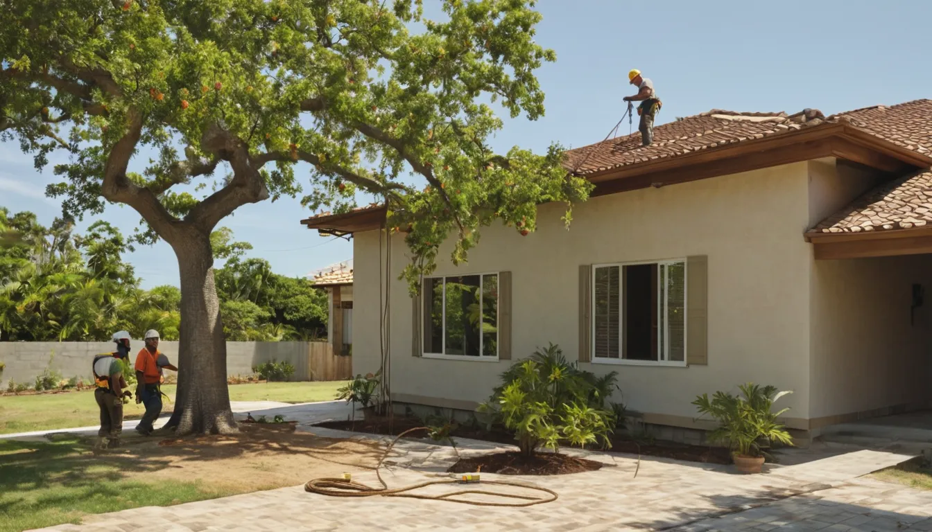 A tree removal provider carefully lowering a large tree limb beside a home in Davie